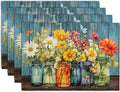 Rustic Daisy Placemats Set of 4 Vintage Flower Vases Wood Grain Linen Table by Wnoesat