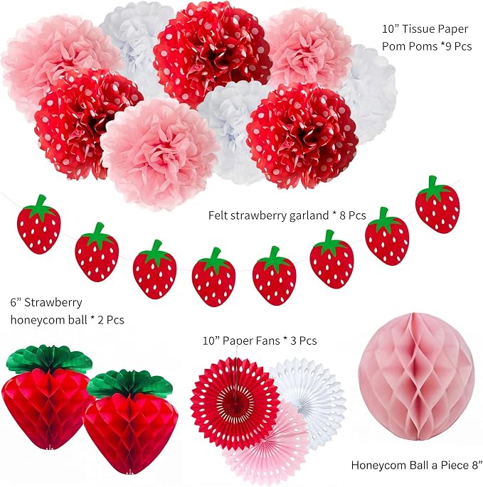 ANSOMO Strawberry Party Decorations Red Pink White Tissue Pom Poms Fans - Image 3
