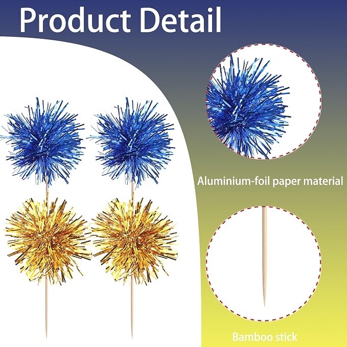 40 PCS Foil Firework Cupcake Toppers Sparkle Tinsel Cupcake Picks Fireworks - Image 3