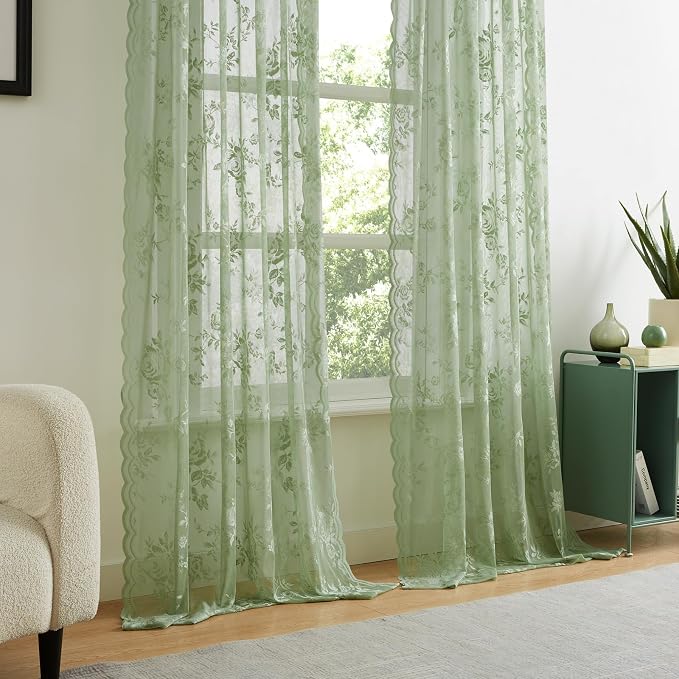 Sage Green Lace Curtains 84 Inches Long Country Rustic Floral Sheer Curtains - Image 2