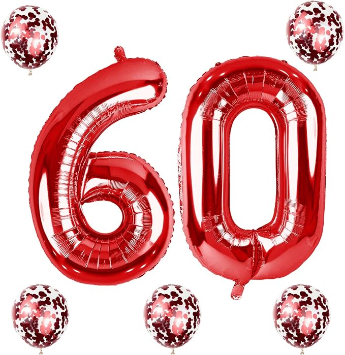Red 60 Balloon Numbers and Confetti Balloons, 60th Birthday Balloons Set - Image 8
