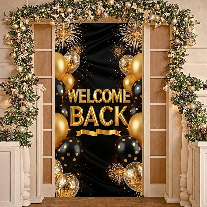Welcome Back Door Cover Banner Decorations Black Gold Welcome Home Backdrop - Image 4