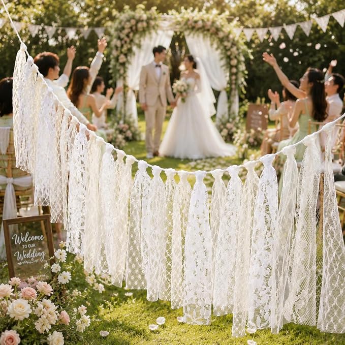 Frienda 6.5ft White Lace Tassel Garland Vintage Lace Banner - Image 3