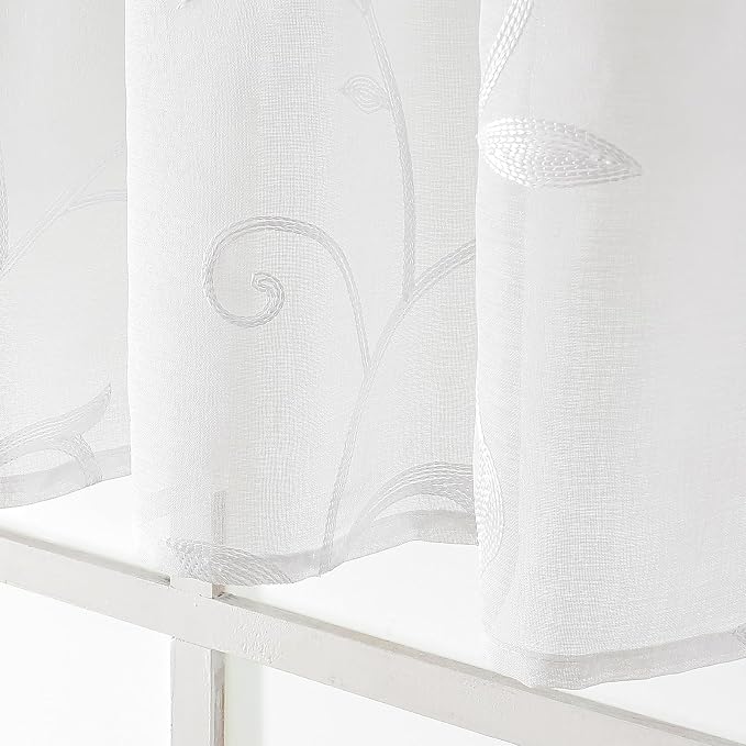Kitchen Sheer Cafe Curtains Embroidered Leaves White 26Wx36L | Light Filtering - Image 5