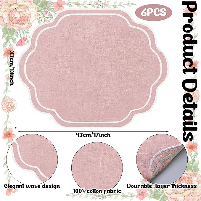 6 Pcs Pink Wedding Placemats Scalloped Embroidered Cotton Linen Placemats 17" x - Image 7