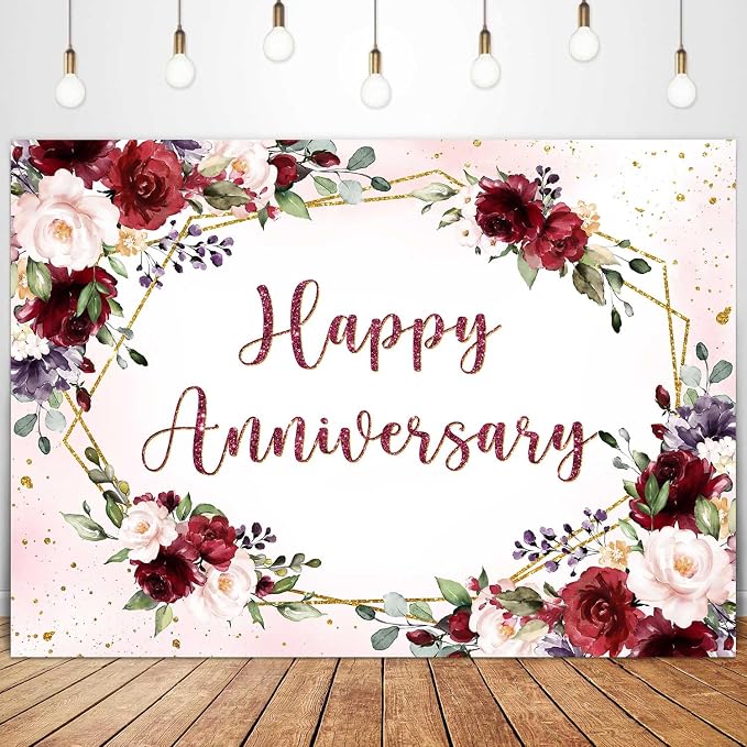 Sensfun Happy Anniversary Backdrop Banner Burgundy Pink Flower Wedding by Sensfun