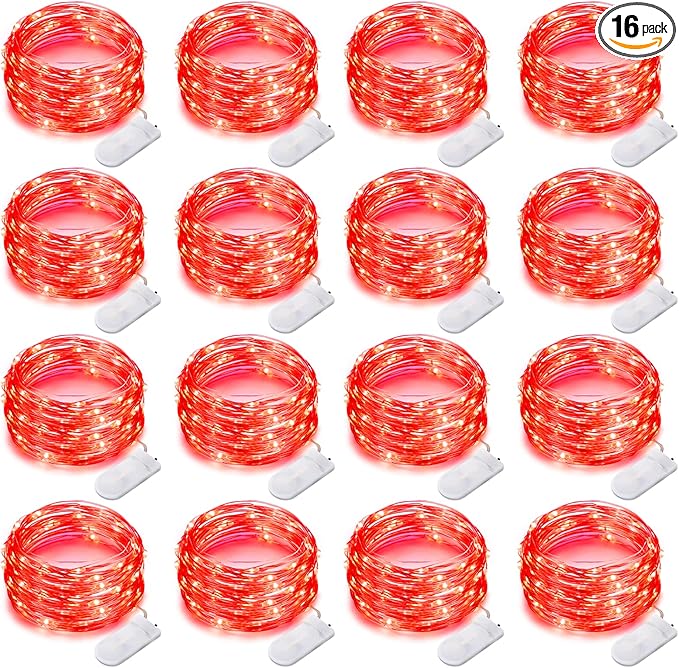 16 Pack 30 Led Fairy Lights Battery Operated String 10 Feet Waterproof Twinkle Mason Jar Silver Wire Firefly for Christmas Red