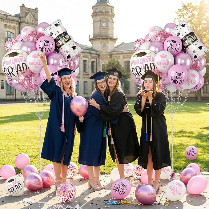 Pink Graduation Balloons, Grad Round Foil Balloons, Metallic Confetti Pink - Image 5