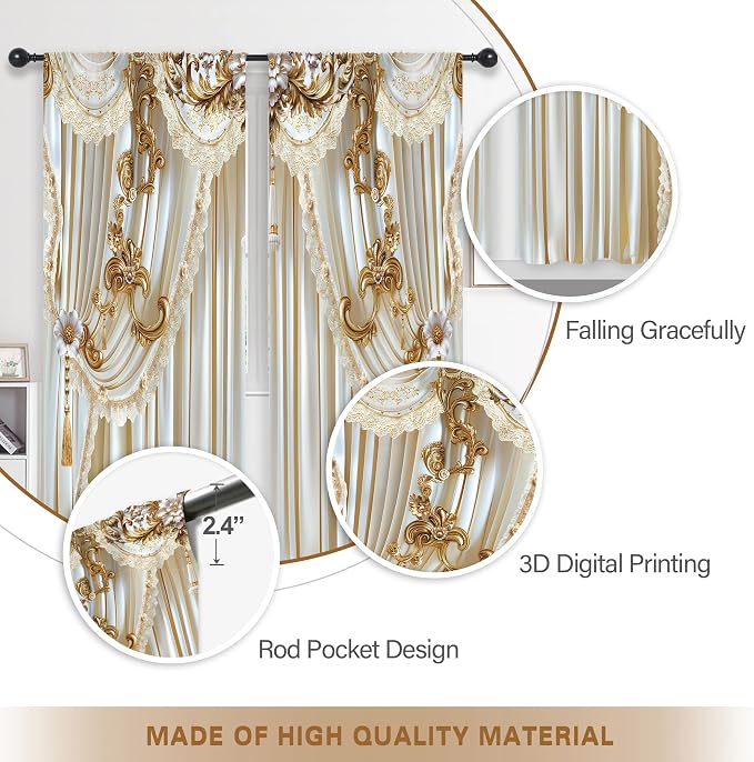 White Gold Vintage Elegant Luxury No Living Room Bedroom Window Curtains | 52"W - Image 4