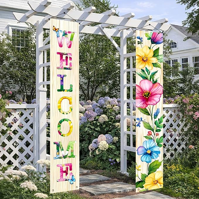 Hometitute 2 Pcs Spring Summer Welcome Floral Porch Banners Butterfly Flower - Image 6