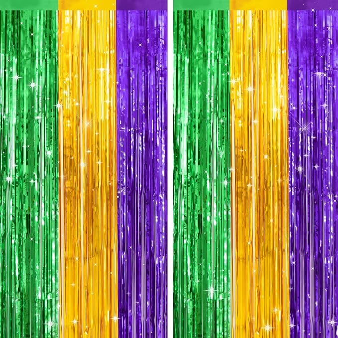 jijAcraft Purple Gold Green Tinsel Foil Fringe Curtain, 2 Pack 3.2x6.5 Feet by jijAcraft