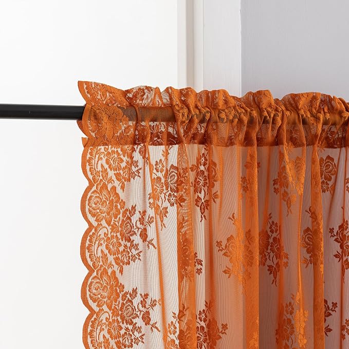 Kotile Burnt Orange Floral Sheer Curtains - Image 3