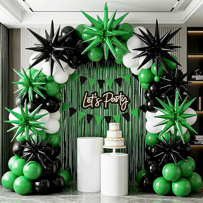 9Pcs Green and Black Star Balloons, Large Explosion Foil Balloons, Metallic - Image 7