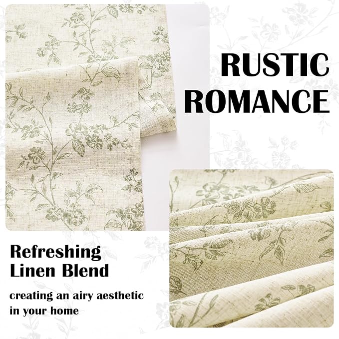 Green on Beige Linen Kitchen Curtains Rod Pocket 26W X 36L 2 Panels | Elisa - Image 5