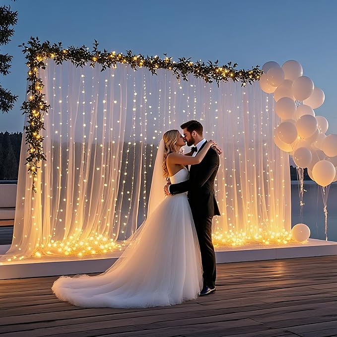 10×10ft Tulle Backdrop Curtains with Lights String - 300LED Fairy Lights Sheer Curtain Backdrop for Weddings Baby Shower and Birthday Party Decorations(6 Panels 5×10ft)