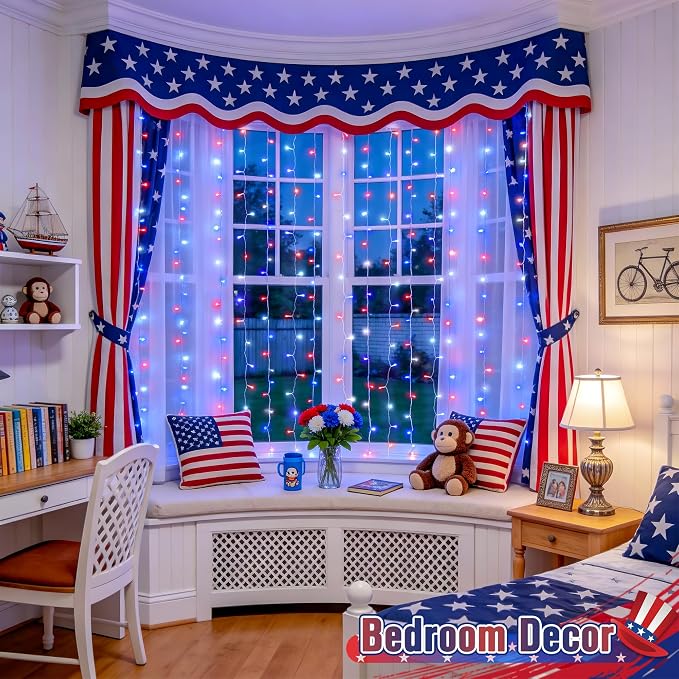 JMEXSUSS 200 LED Red White and Blue Curtain Lights, 6.5ft x 6.5ft | 4th of July - Image 5