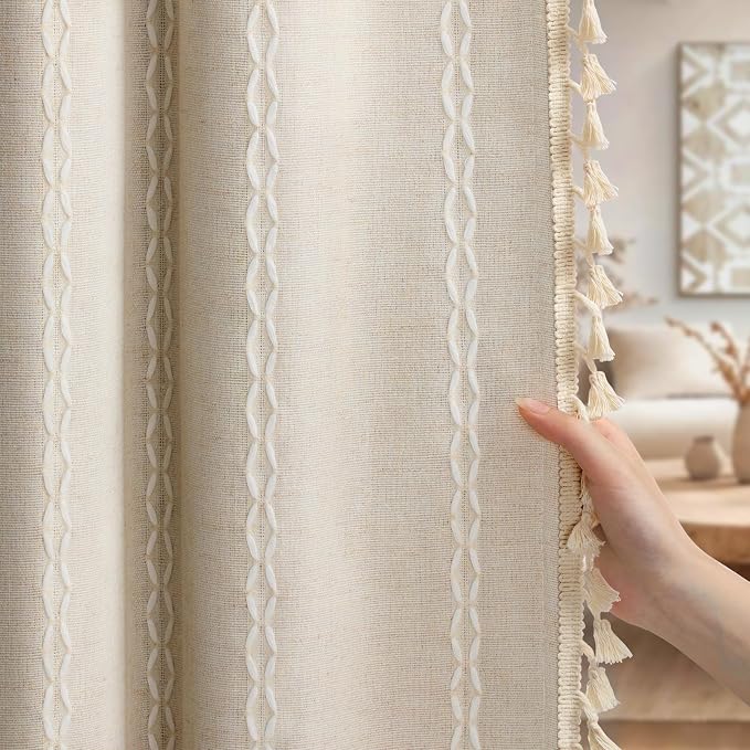 Boho 100% Blackout Curtains 84 Inch 2 Panels Linen Blend Beige | Vintage by Unknown