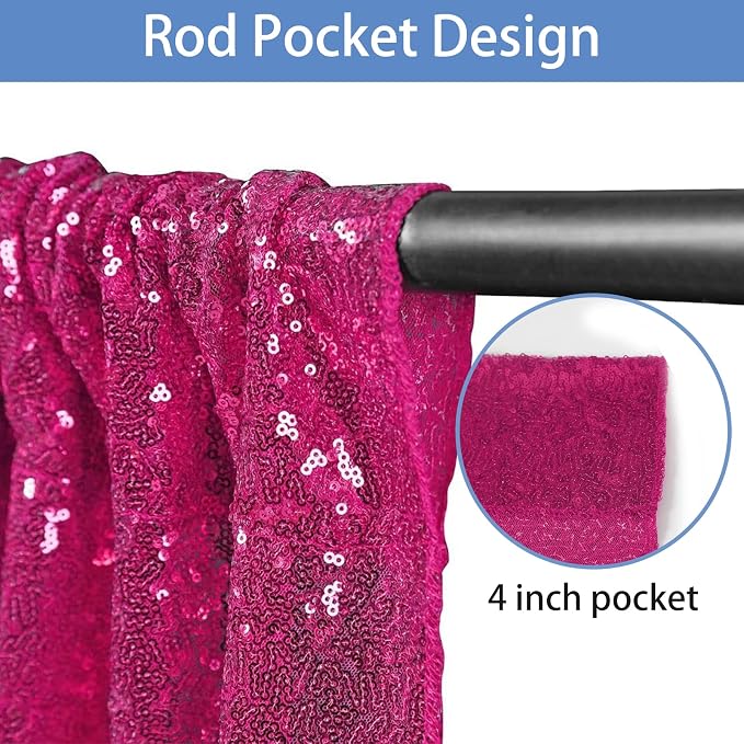 Hahuho Fuchsia Sequin Backdrop Curtain, Party Decoration（2 Panels, 4FT x 8FT - Image 2