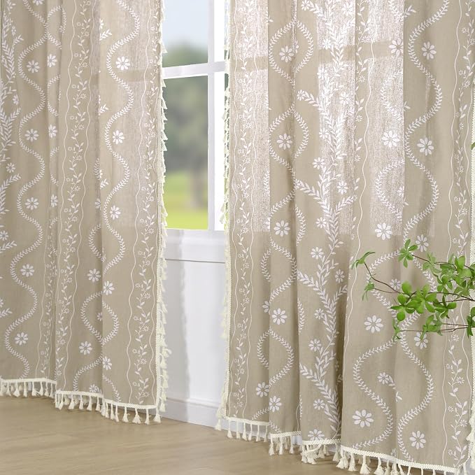 Schweek Tan Beige 63 Inches Long Boho Tassels Curtains 2 Panels - Image 7