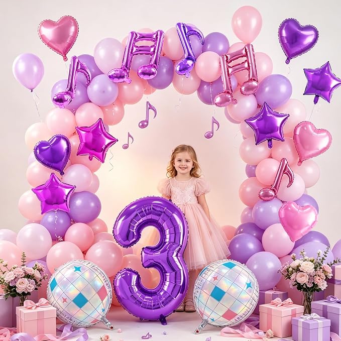 TONIFUL Girl‘s Purple Pink Music Themed 3rd Birthday Decorations | 40 Inch - Image 4