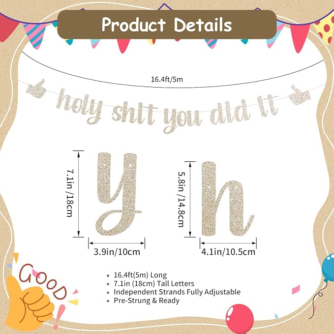 Funny Grad Banner Holy Shit You Did It Banner – Pre-Strung Glitter Graduation - Image 2