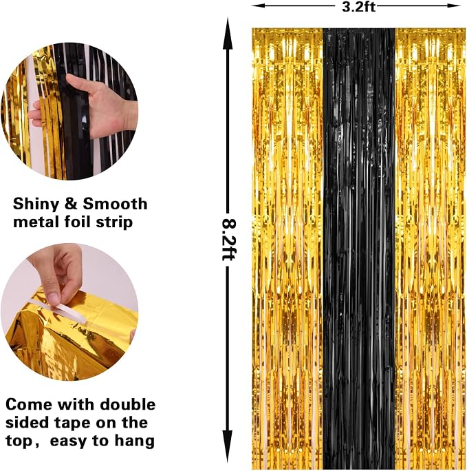 PIGETALE, 2 Pack 3.2x8.2 Feet Black and Gold Tinsel Backdrop Party Decorations - Image 3