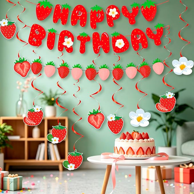 MEETINGU Strawberry Happy Birthday Banner, Party Decoration Set - Image 5