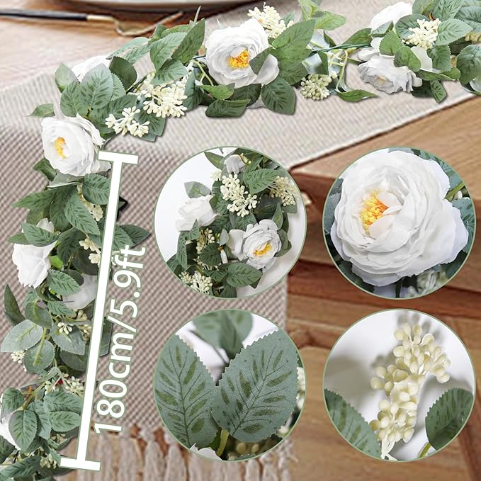 Uguisu 2 Pieces Artificial Eucalyptus Garland, 5.9 Feet Artificial Greenery, Spring Garland - for Wedding Decor, Parties, fireplaces, Tables, Indoor and Outdoor Decor. White