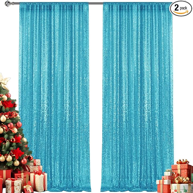 2×8FT-2PCS Turquoise Sequin Backdrop Curtains Panels, Photography Backdrop by Pufogu