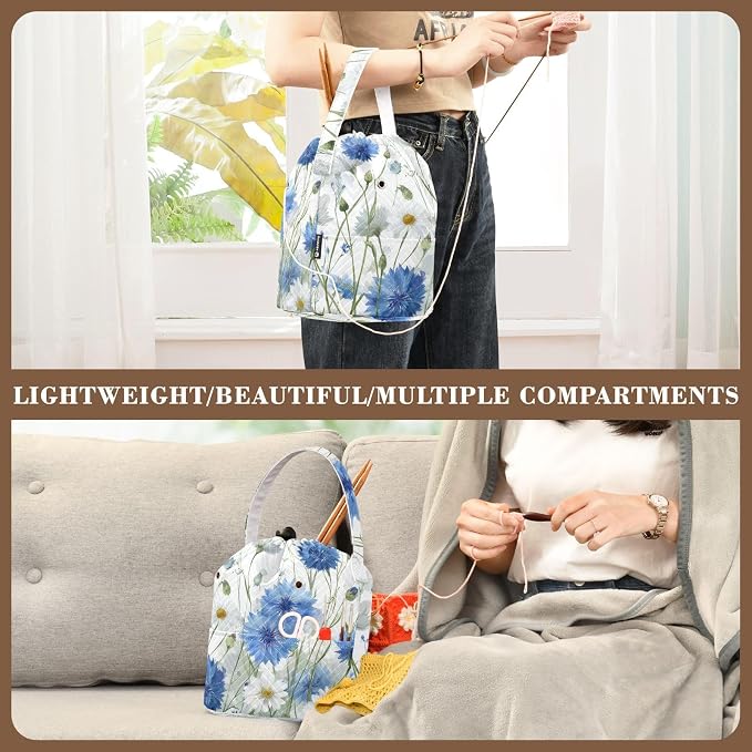 White Blue Cornflowers Daisy Flower Watercolor Yarn Bag Small Crochet Bag - Image 5