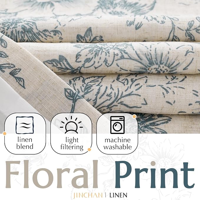 jinchan Blue Floral Linen Curtains Lined 96 Inch Vintage Back Tab 2 Panels | - Image 2
