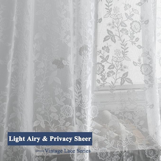 FINECITY White Lace Curtains for Living Room Rustic Floral 52x96 Inch 2 Pcs | - Image 5