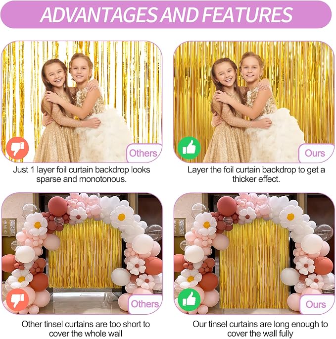Crosize 2 Pack Gold Party Streamers Backdrop, 3.3 x 9.9 ft | Tinsel Foil Fringe - Image 3