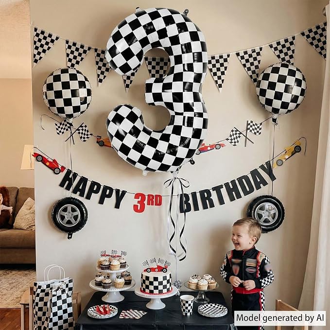 40 Inch Checkered Number 3 Balloon, Big Mylar Black and White Foil Balloons - Image 2