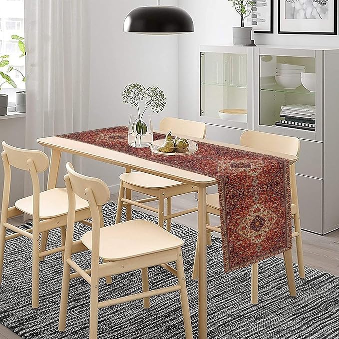 Boho Floral Vintage Table Runner, Paisley Retro Red Flower Rustic Country Farmhouse Abstract Pattern for Home Kitchen Table Decor Dining Coffee Room Party Decor 13x60in