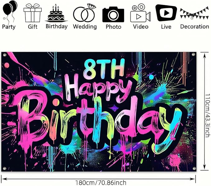 HOMETITUTE Neon 8th Happy Birthday Banner 71x43 Inch Birthday Backdrop | Glow - Image 3