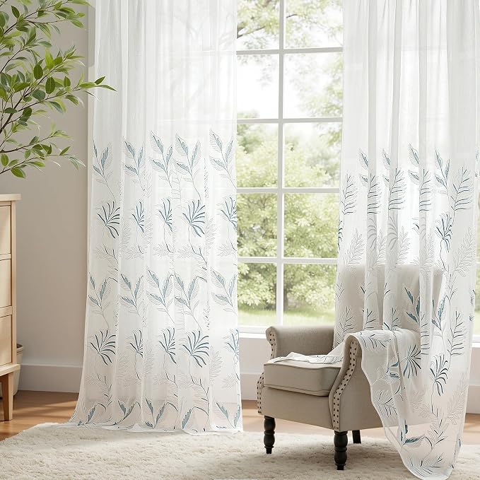White Sheer Curtains Blue Embroidered Leaf 2 Panels 96 Inches | Light Filtering - Image 3