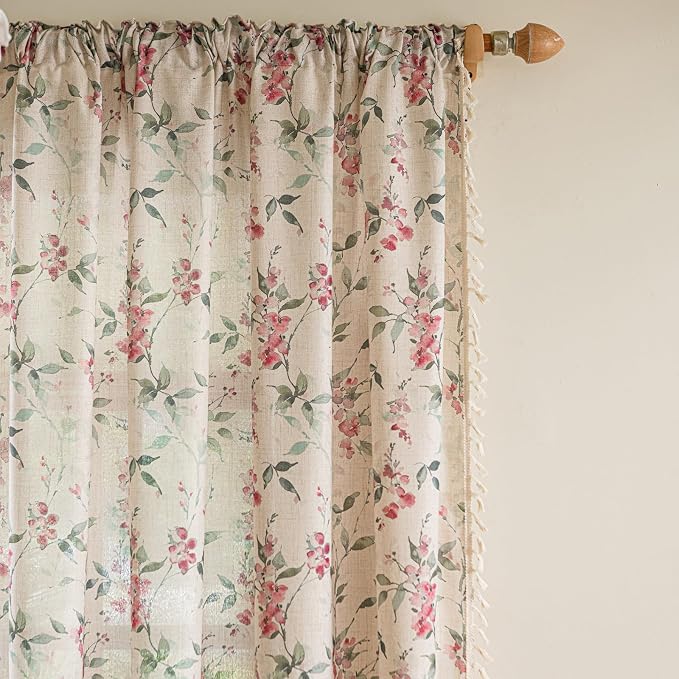 ENJOYBRIDAL Floral Curtains 96 Inches Bedroom Semi Sheer Drapes Cottage Living - Image 2