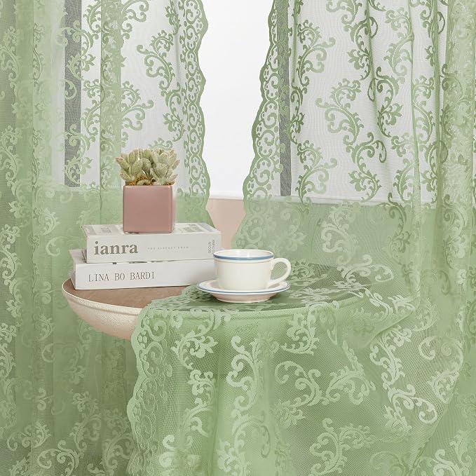 FOLKSIDE Sage Green Lace Curtains 96 Inches Long 2 Panels Country Vintage Sheer - Image 4