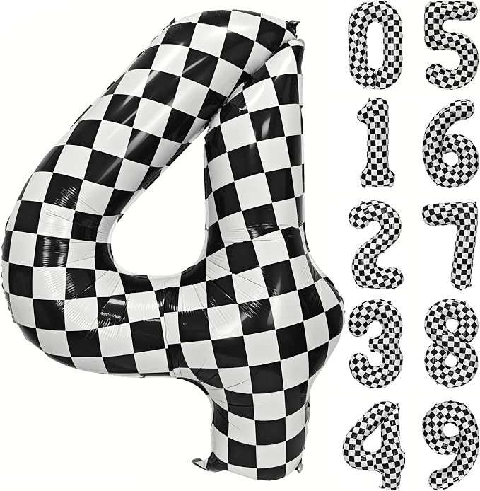40In Black White Checkered Number 4 Balloon Race Car Digital Foil 4 Balloon | by YOIOZAIZAI
