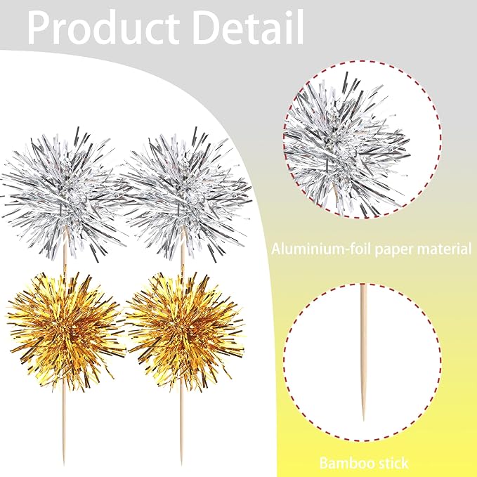 40 PCS Foil Firework Cupcake Toppers Sparkle Tinsel Cupcakae Picks Foil - Image 3