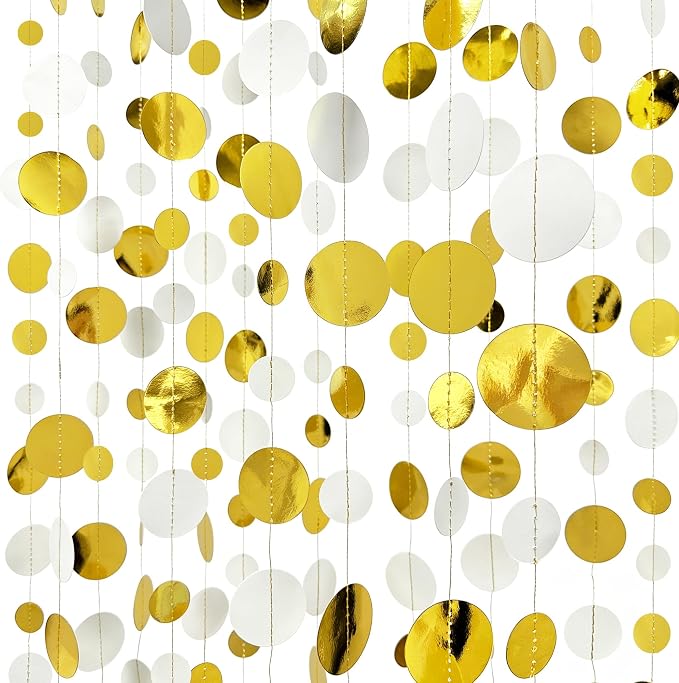 46 Feet White and Gold Circle Dots Garland Hanging Paper Polka Dots Streamer by pinkblume