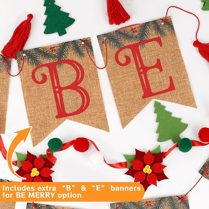 Christmas Burlap Banner and Felt Poinsettia Garland, Pre-strung Christmas - Image 2