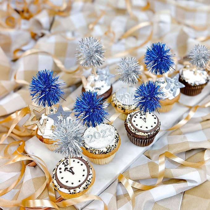 Gyufise 30Pcs Foil Firework Cupcake Toppers Sparkle Tinsel Cake Toppers Tinsel - Image 4