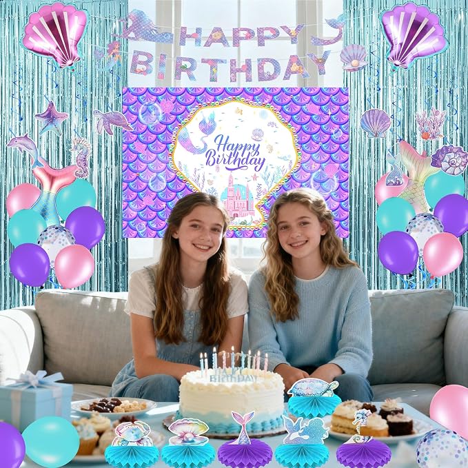 Frienda Mermaid Birthday Decorations Includes Banner, Foil & Latex Balloons - Image 5