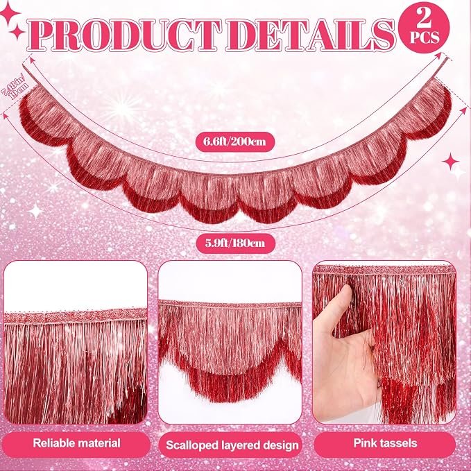 2pcs 6.6ft Flash Pink Fringe Garland Scalloped Tassel Banner 8 Waves Sparkle - Image 3