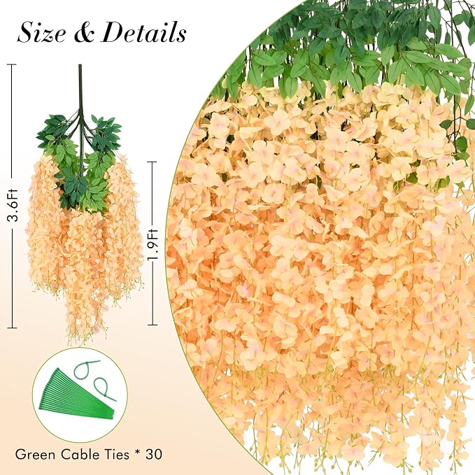 24 Pack Wisteria Hanging Flowers, 3.6 Feet Champagne Wisteria Artificial Flowers - Image 3