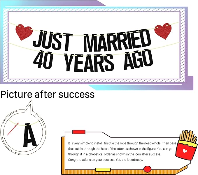 Just Married 40 Years Ago Banner, 40th Wedding Anniversary Party Banner - Image 2