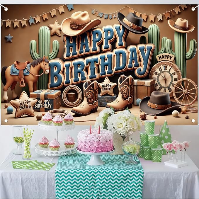 Western Cowboy Happy Birthday Banner Backdrop Rustic Wild West House Barn Photo - Image 7