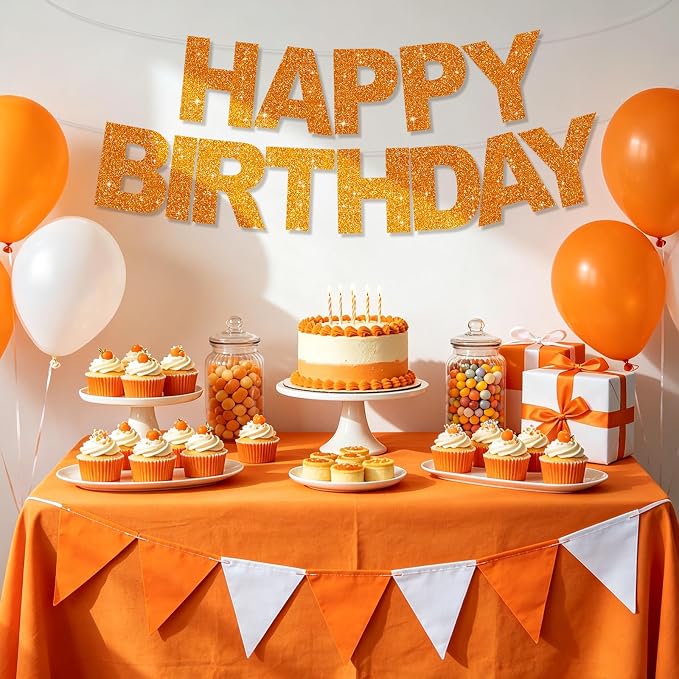 BEISHIDA Pre-Strung Glitter Orange Happy Birthday Banner Party Sign Decor | NO - Image 6